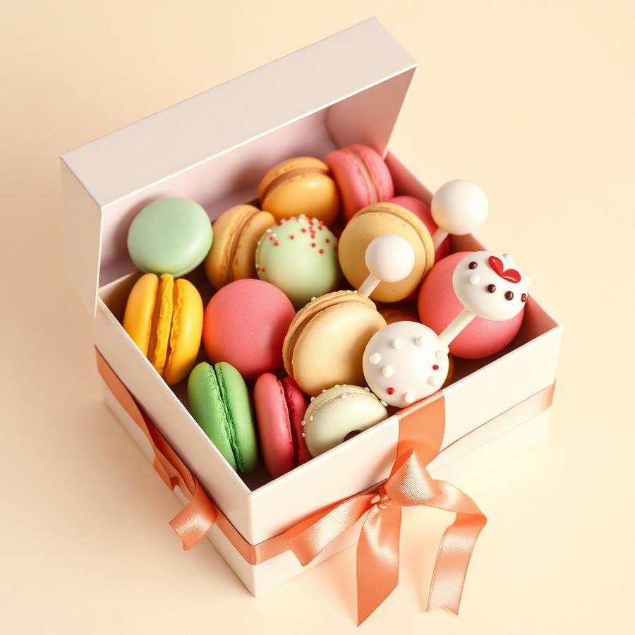 Gift box of macarons and cake pops