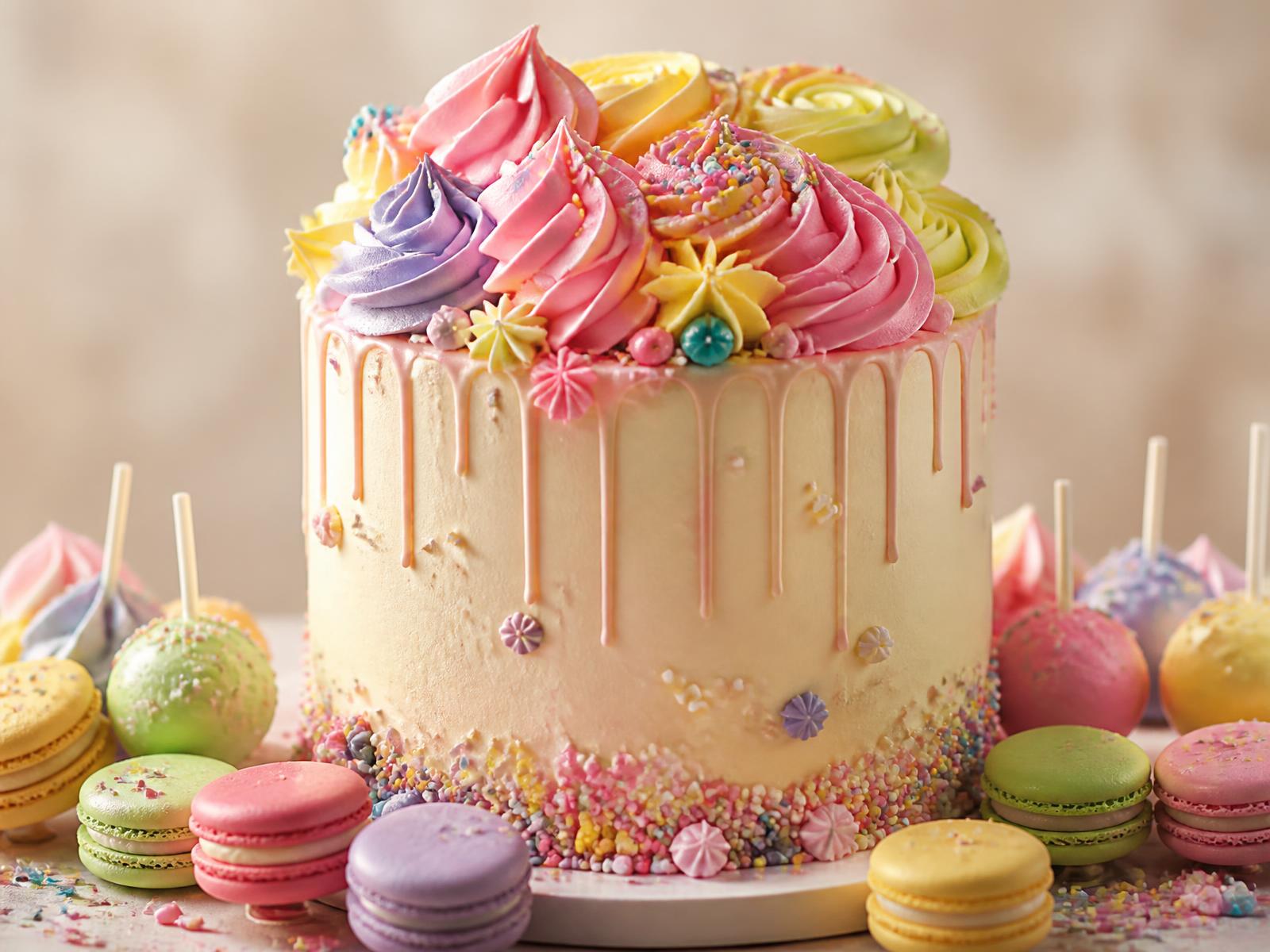 Pastel celebration cake with buttercream swirls surrounded by colourful macarons and cake pops